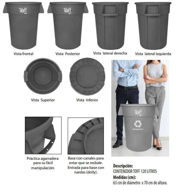 Detalles contenedor toff 120 litros