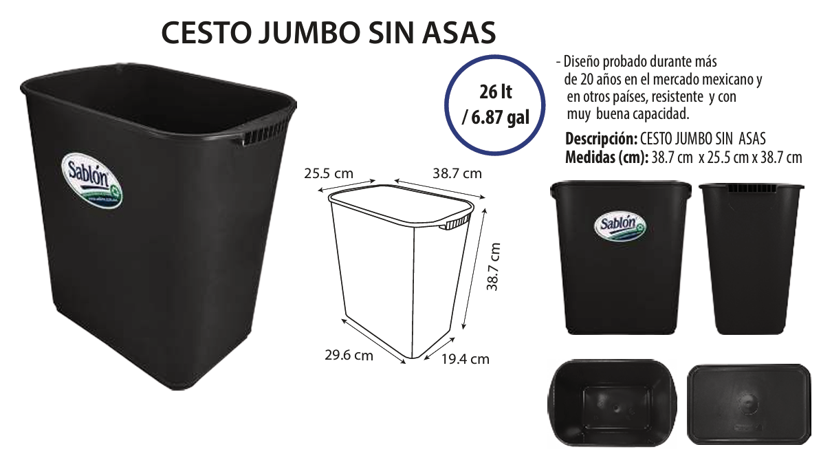 bote de basura jumbo 26 litros negro sin asas 7501434685953