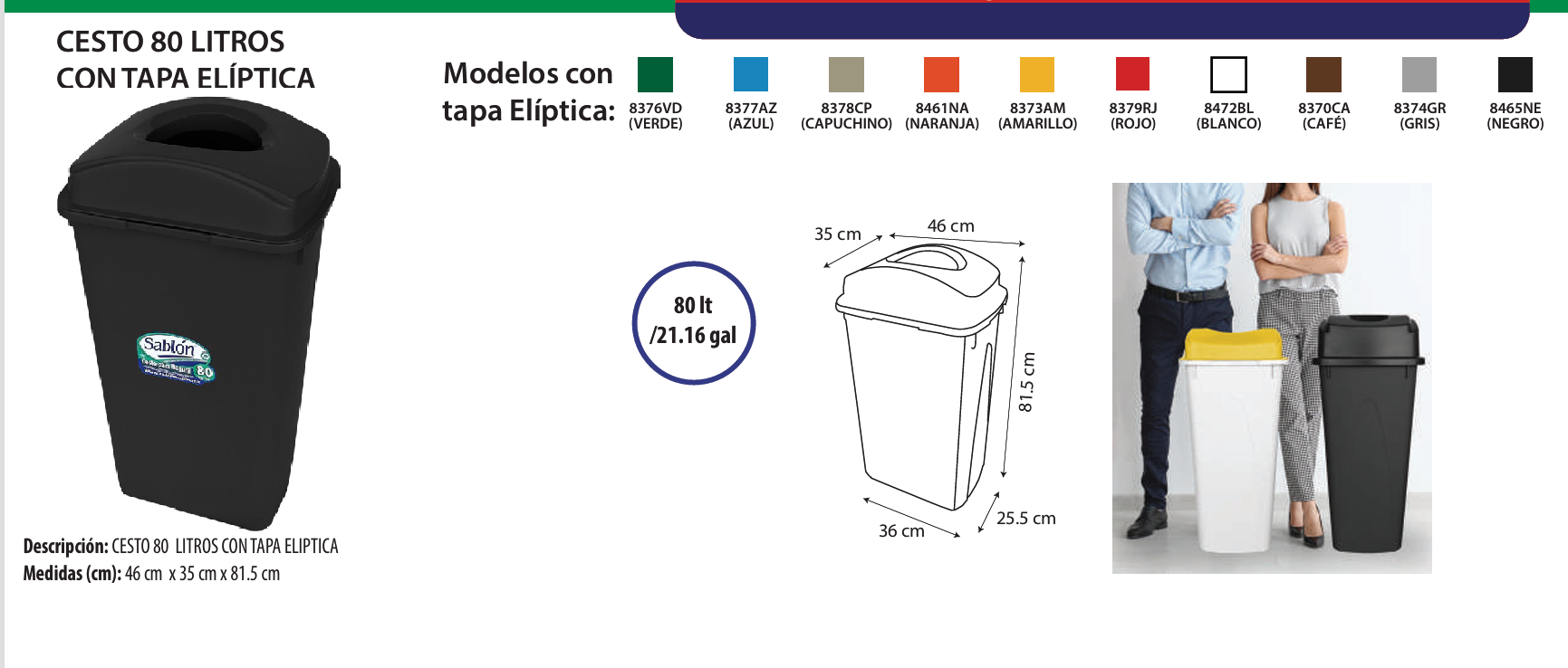 Bote de basura 80 litros con tapa tipo hueco