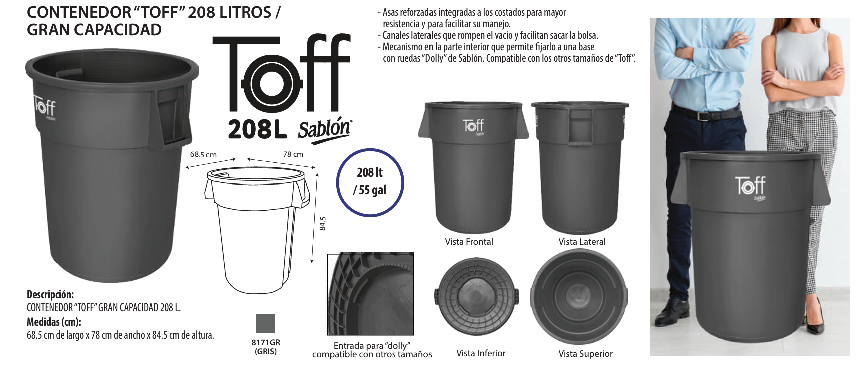 Bote de basura grande toff 208 litros